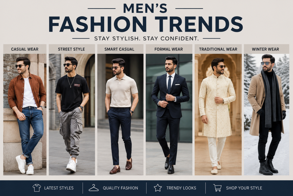 Men’s fashion trends featuring stylish modern outfits and seasonal looks