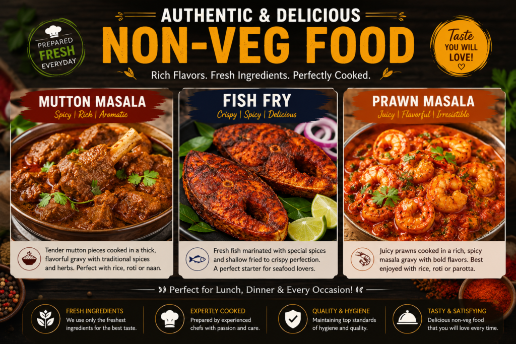 Delicious non-veg food dishes including chicken, fish, and prawns
